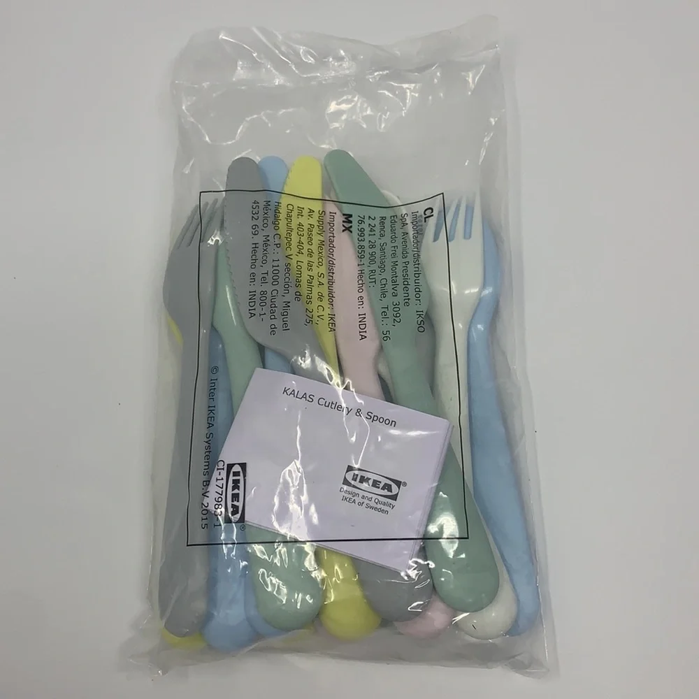 18 pc IKEA KALAS kid flatware set, mixed colors, plastic forks, knifes, spoons